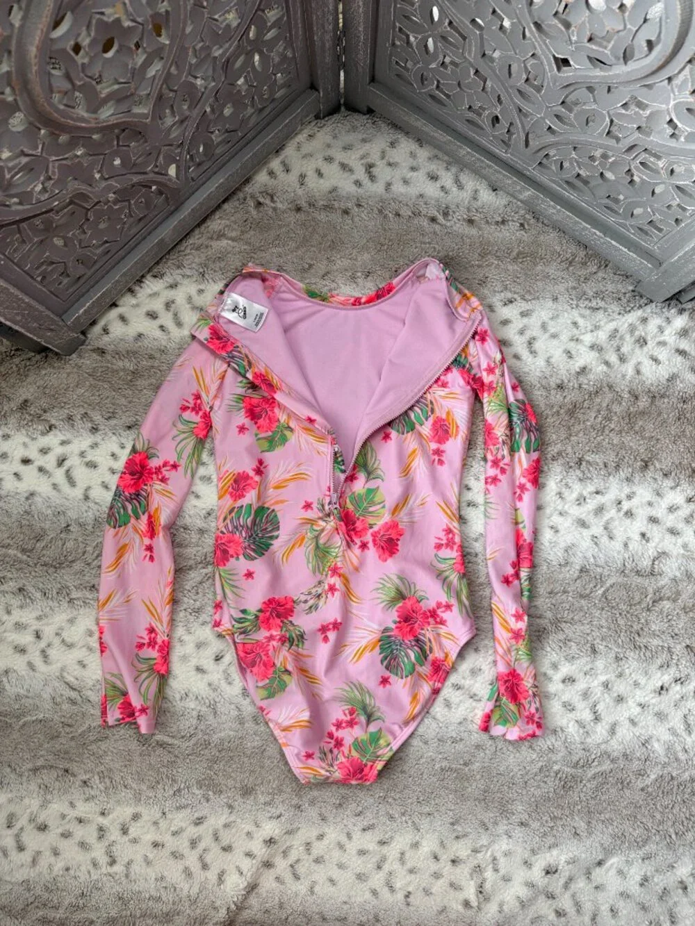 Art Class pink long sleeve swimsuit girls large tropical floral summer beach